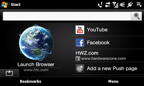 New on the Internet Tab are Push pages. HTC's Push Internet feature lets you choose a webpage and have it updated on a regular schedule. Tapping that page's button will open the browser and immediately load the last updated content from the push cache. Of course, you'll need an always-on data connection to make the most use of this.