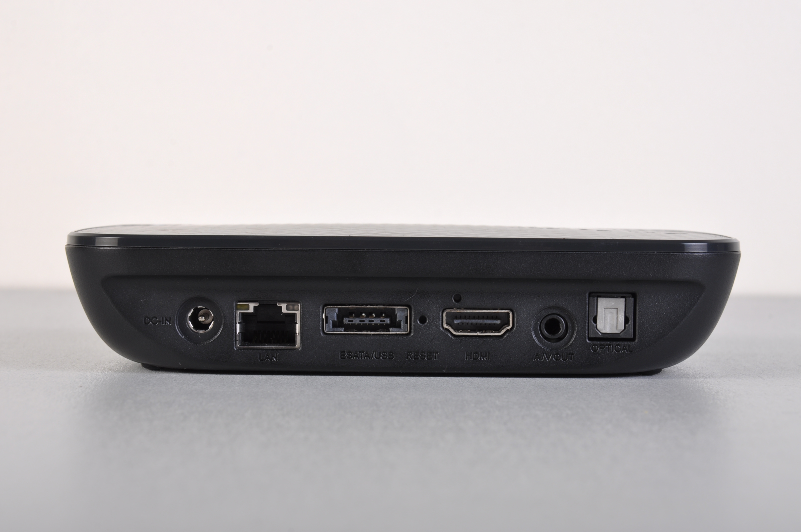 From left to right: DC in, Gigabit Ethernet, eSATA-USB combo port, HDMI out, A/V out, and S/PDIF optical audio.